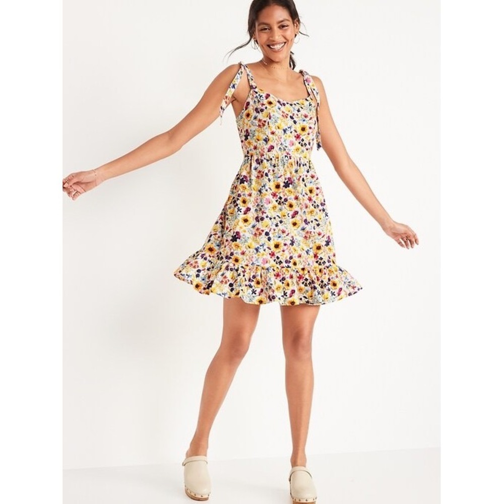 Old Navy Cami White Dress Women Small Yellow Floral Tie‎ Strap Ruffle Hem